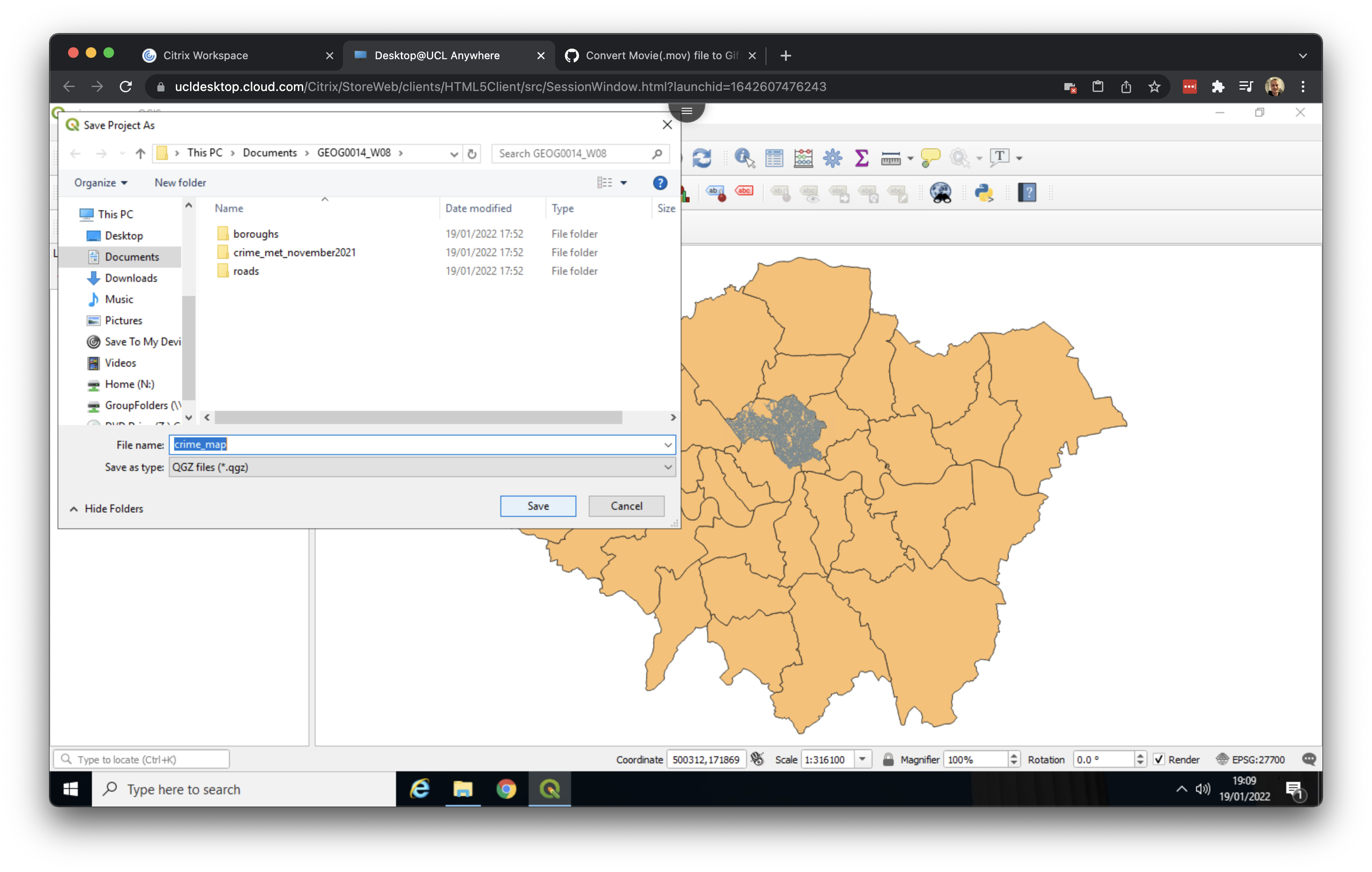 Saving your QGIS project. [[Enlarge image]](https://jtvandijk.github.io/GEOG0014/images/w08/save_project.png){target="_blank"}