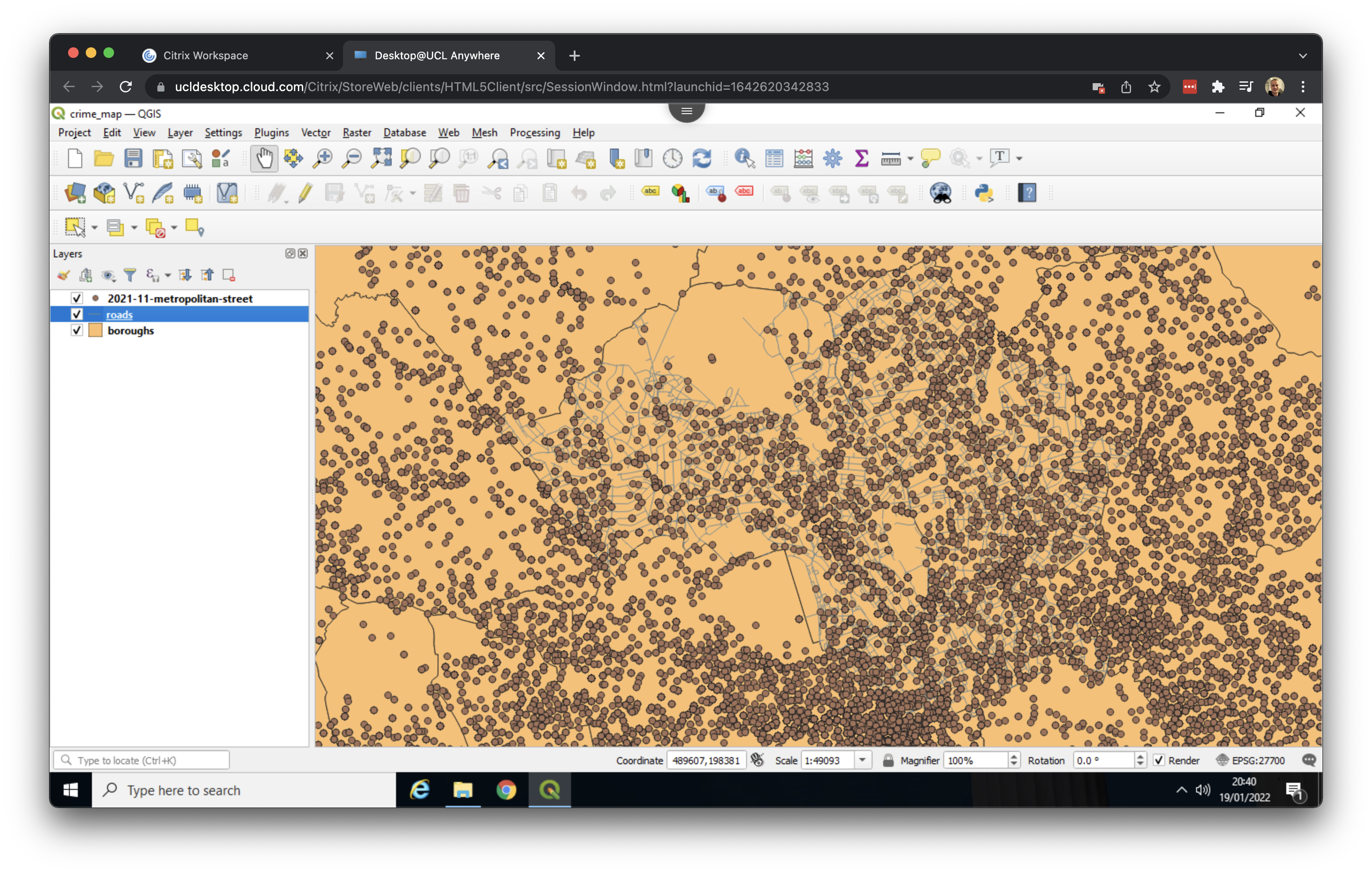 All crime that is recorded in Camden and Islington in November 2021. [[Enlarge image]](https://jtvandijk.github.io/GEOG0014/images/w08/crime_ci.png){target="_blank"}