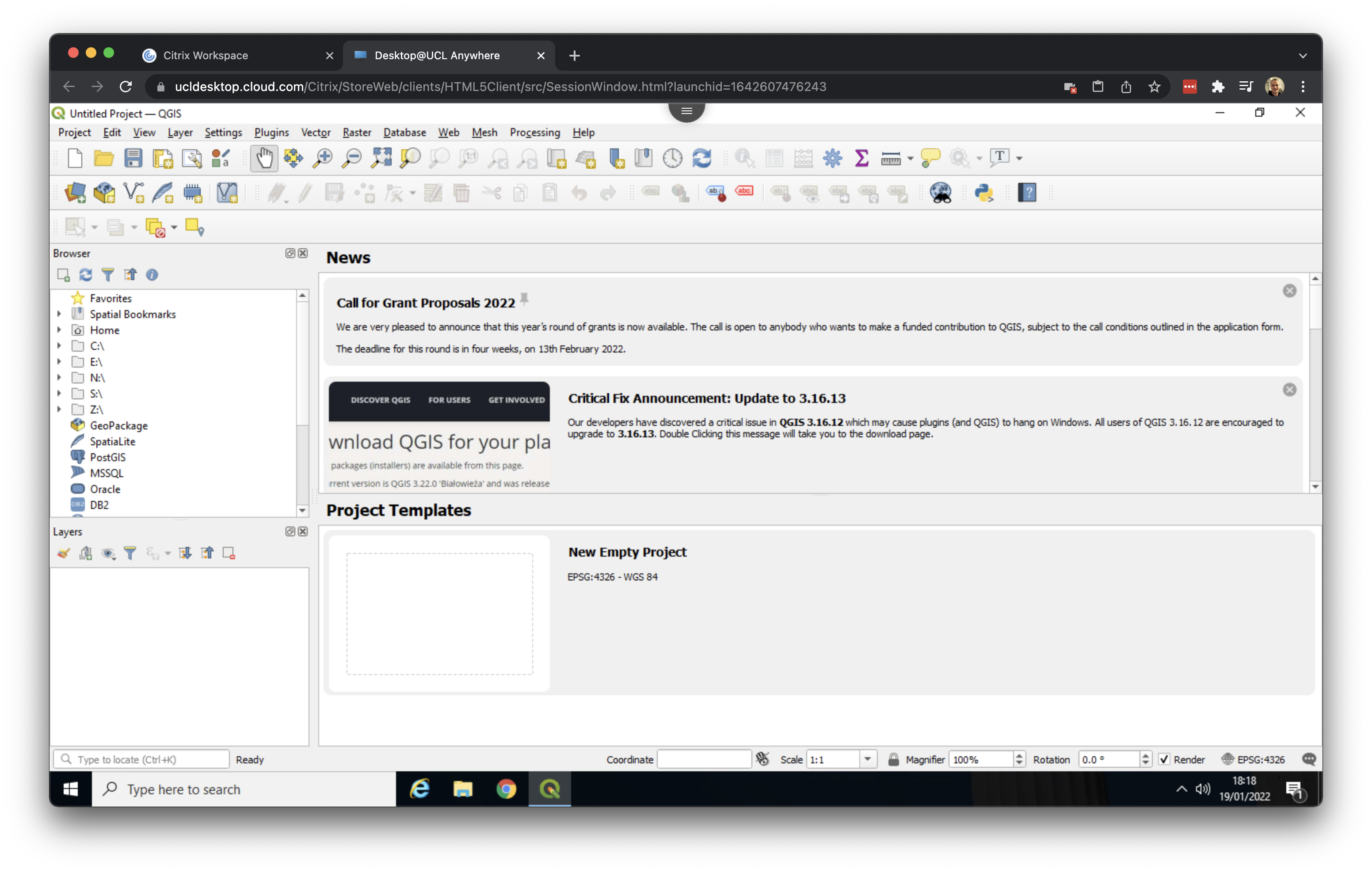 The QGIS interface. [[Enlarge image]](https://jtvandijk.github.io/GEOG0014/images/w08/interface.png){target="_blank"}