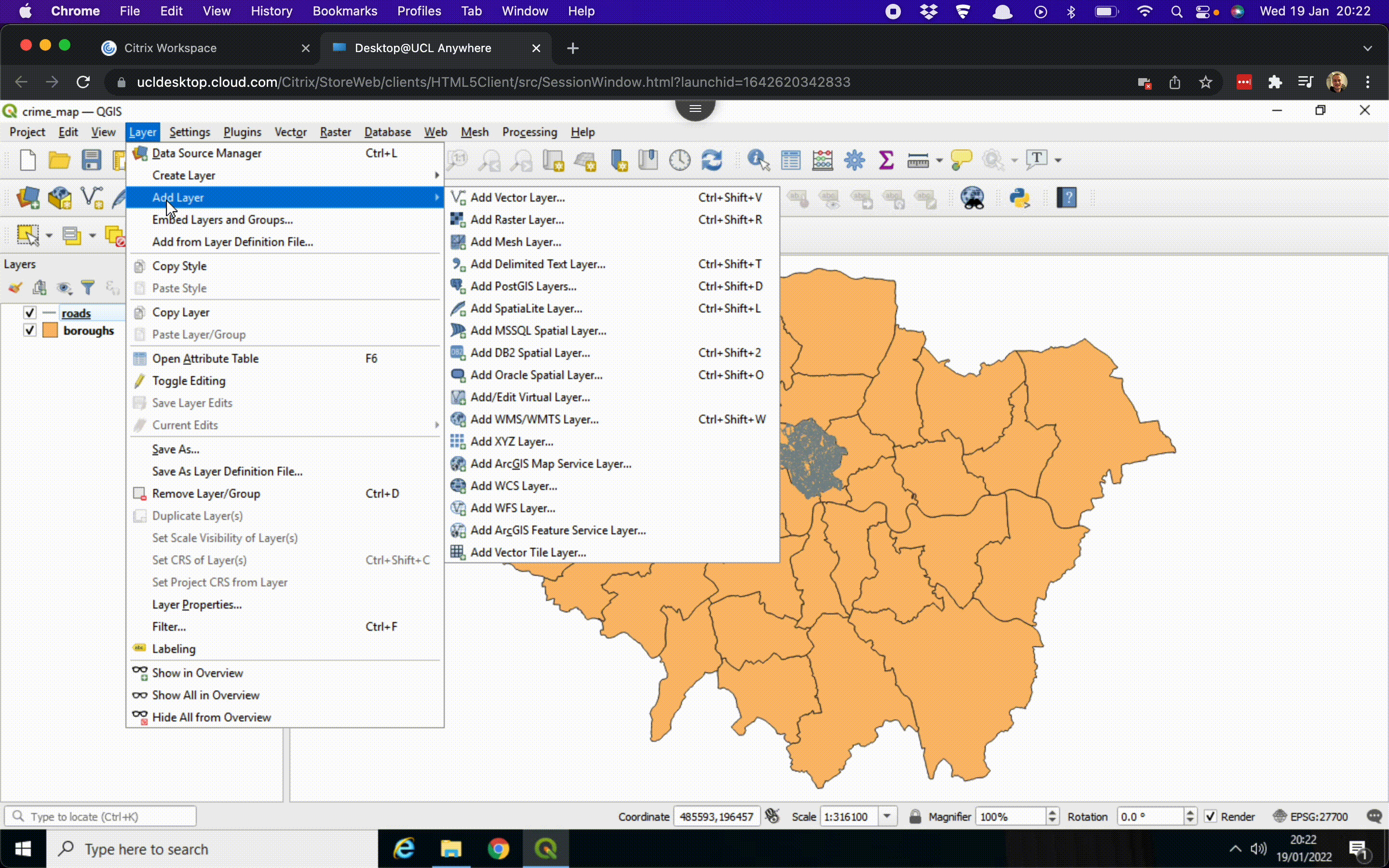 Loading our crime data into QGIS. [[Enlarge image]](https://jtvandijk.github.io/GEOG0014/images/w08/load_crime_data.gif){target="_blank"}