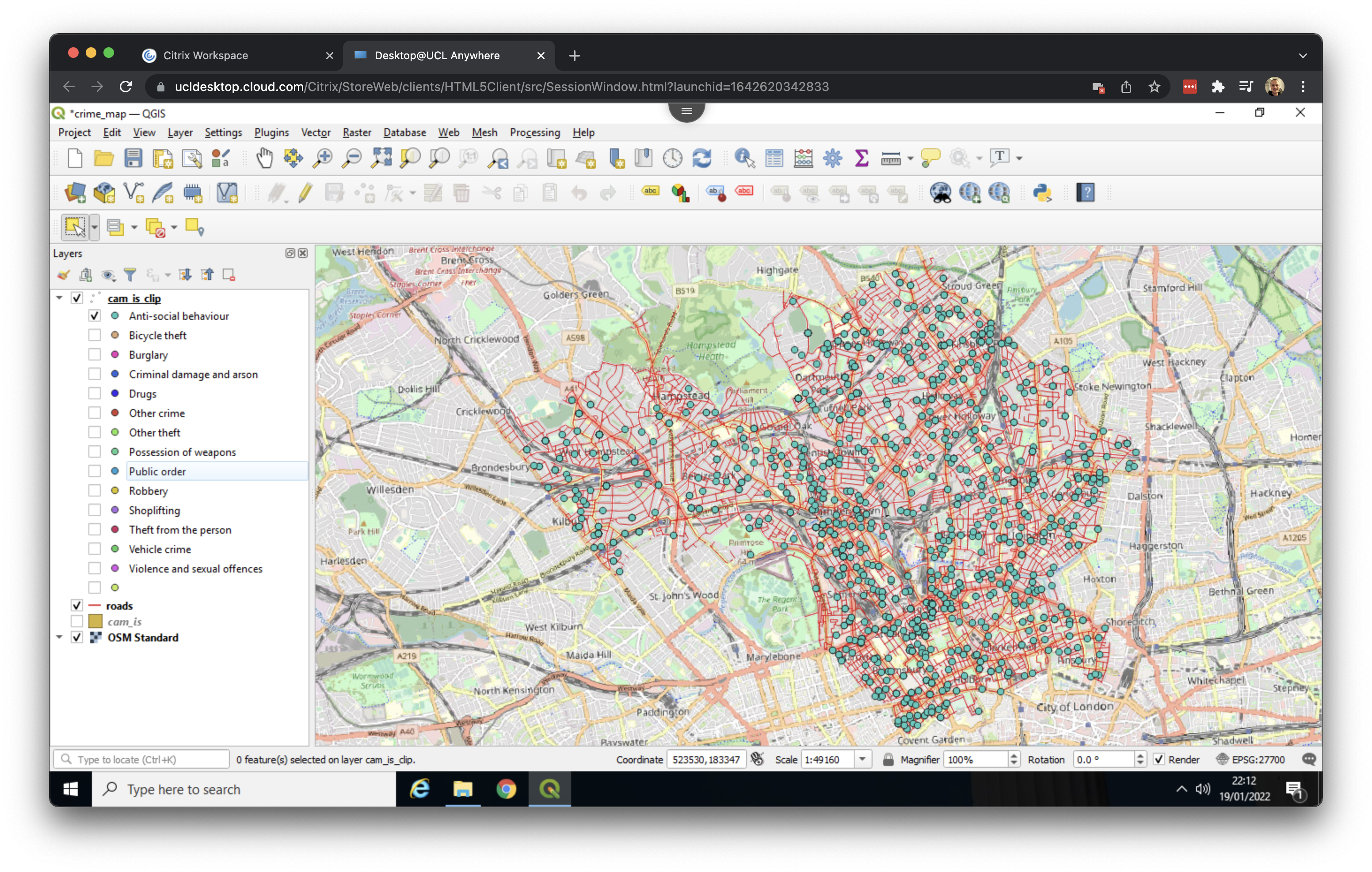 Only crime classified as *anti-social behaviour* is shown. [[Enlarge image]](https://jtvandijk.github.io/GEOG0014/images/w08/one_crime.png){target="_blank"}