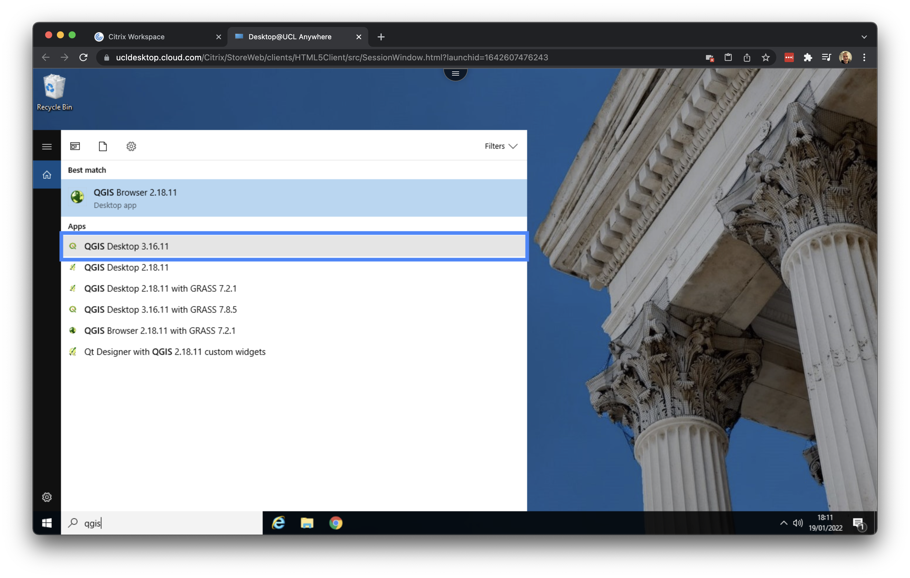 Open **QGIS Desktop 3.16.11**. [[Enlarge image]](https://jtvandijk.github.io/GEOG0014/images/w08/open_qgis.png){target="_blank"}