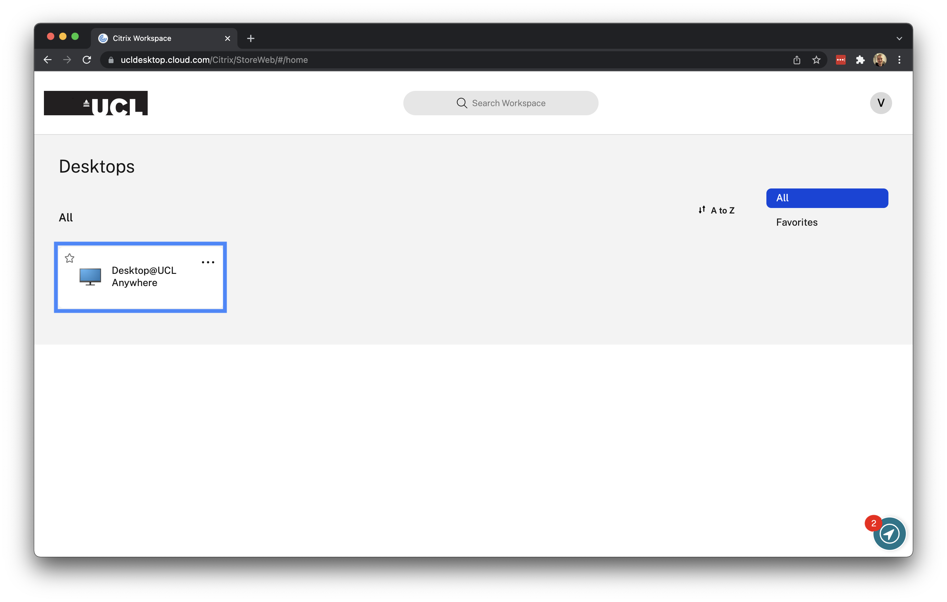 Starting [Desktop@UCL Anywhere](https://ucldesktop.cloud.com). [[Enlarge image]](https://jtvandijk.github.io/GEOG0014/images/w08/ucl_start.png){target="_blank"}