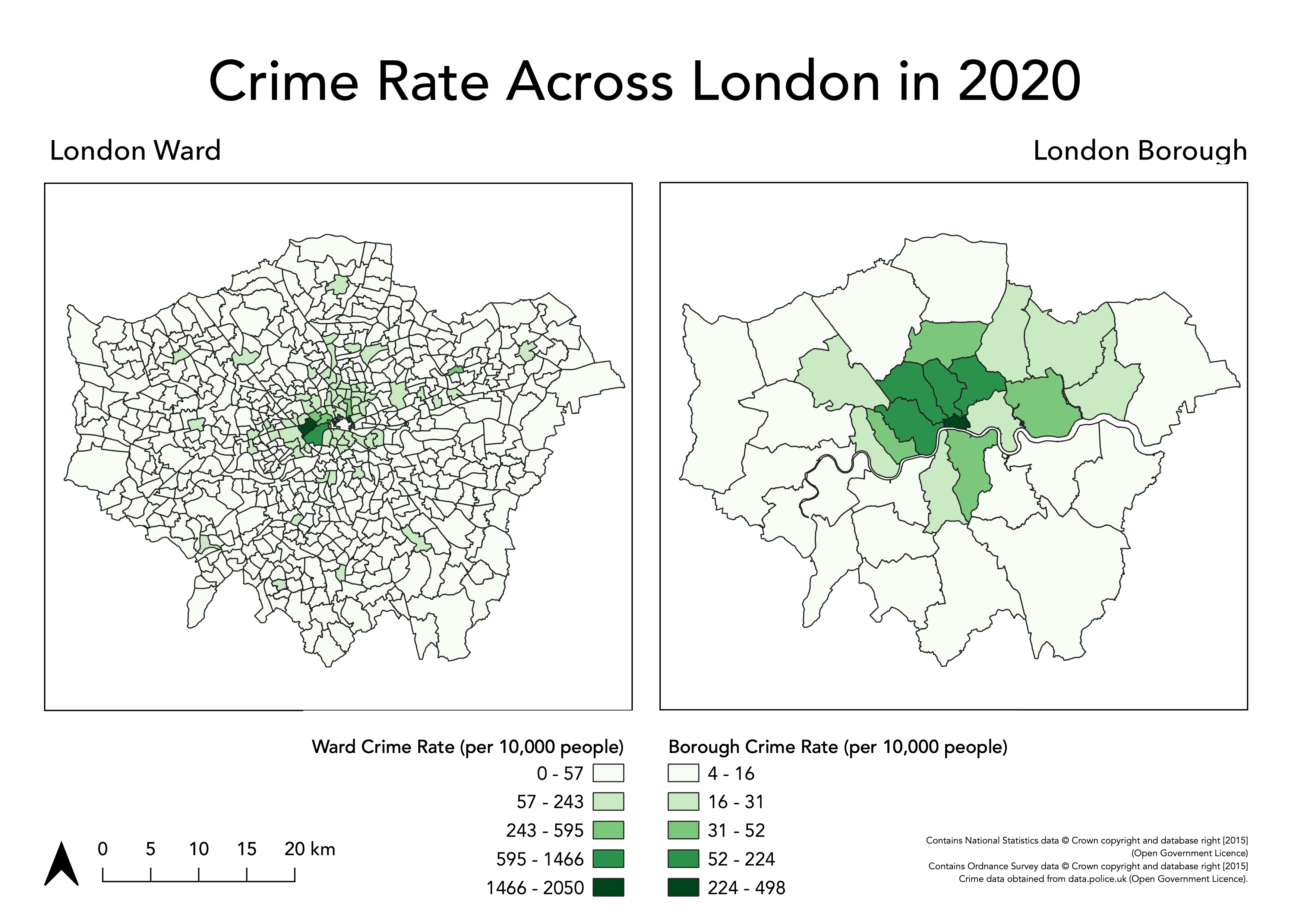 Crime rates in London boroughs and wards. Note that the numbers in the legend may differ from the numbers in your own legend.