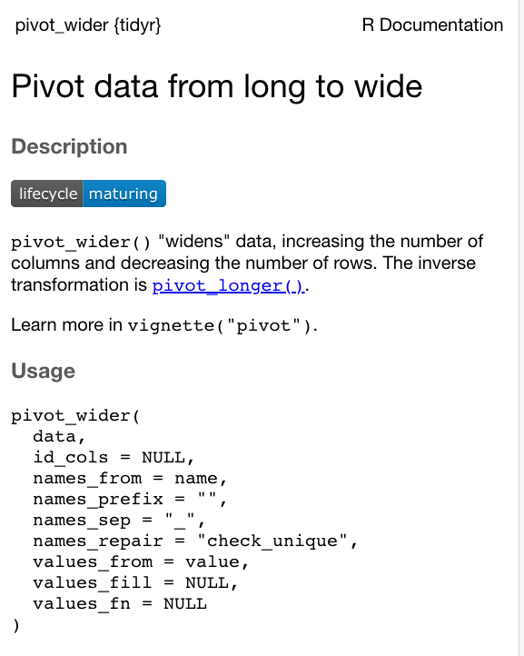 Documentation for the `pivot_wider()` function.