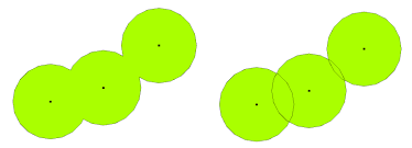 A single versus multiple buffer. The single buffer represents a dissolved version of the multiple buffer option. Source: Q-GIS, 2020.