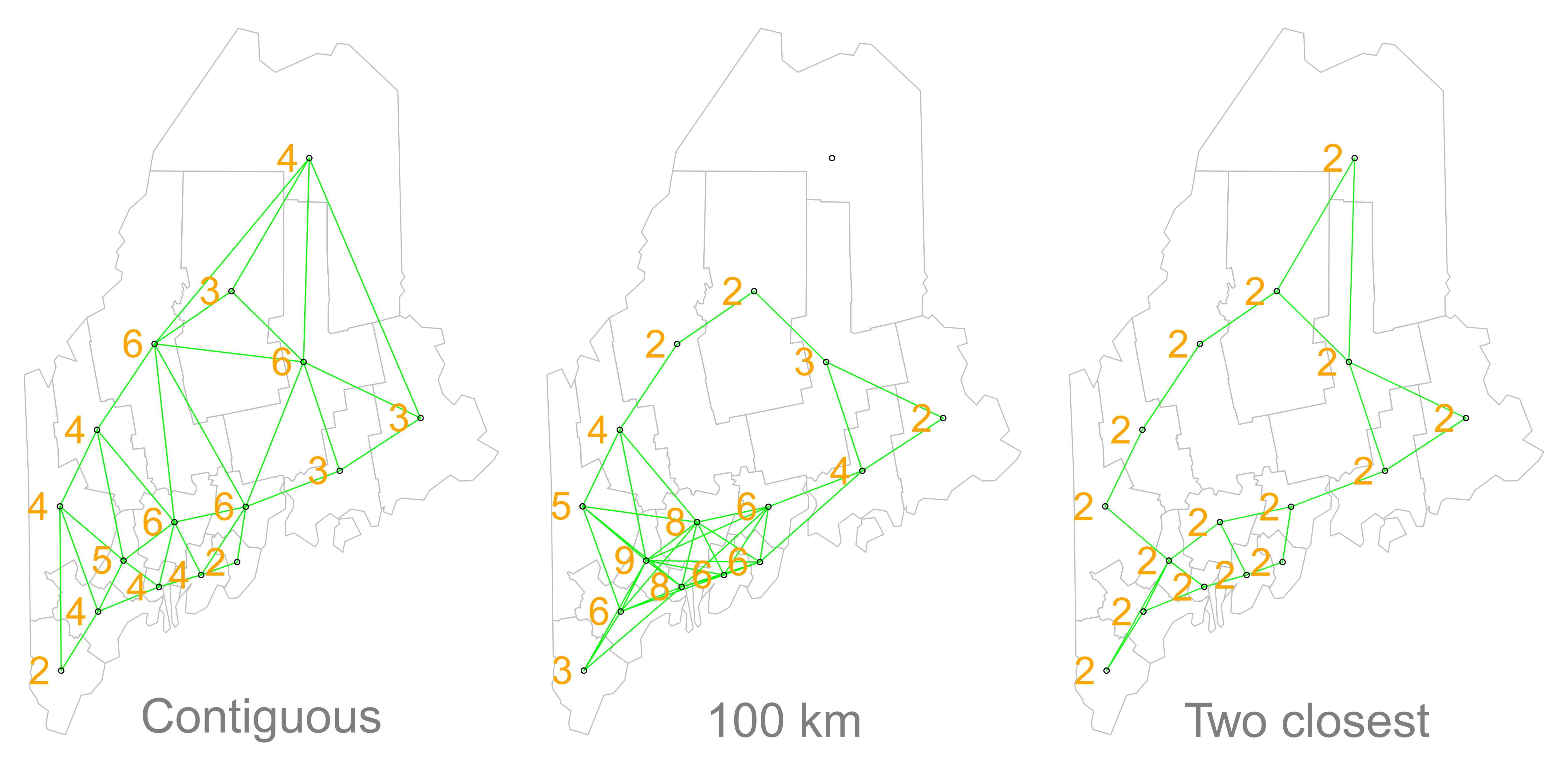 Different approaches of conceptualising neighbours for spatial autocorrelation measurement: contiguity, fixed distance and nearest neighbours. Source: [Manuel Gimond](https://mgimond.github.io/Spatial/spatial-autocorrelation.html).