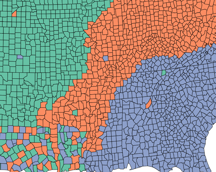 Spatial distribution of qualitative data taken from the [Colorbrewer 2.0 website](https://colorbrewer2.org/#type=qualitative&scheme=Set2&n=3).