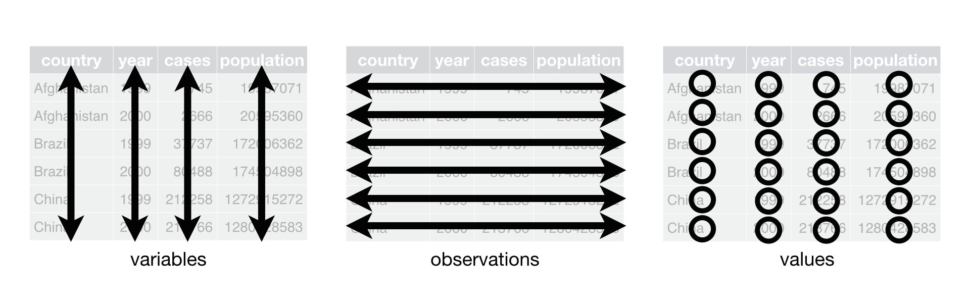 A visual representation of tidy data by [Hadley Wickham](https://r4ds.had.co.nz/tidy-data.html).