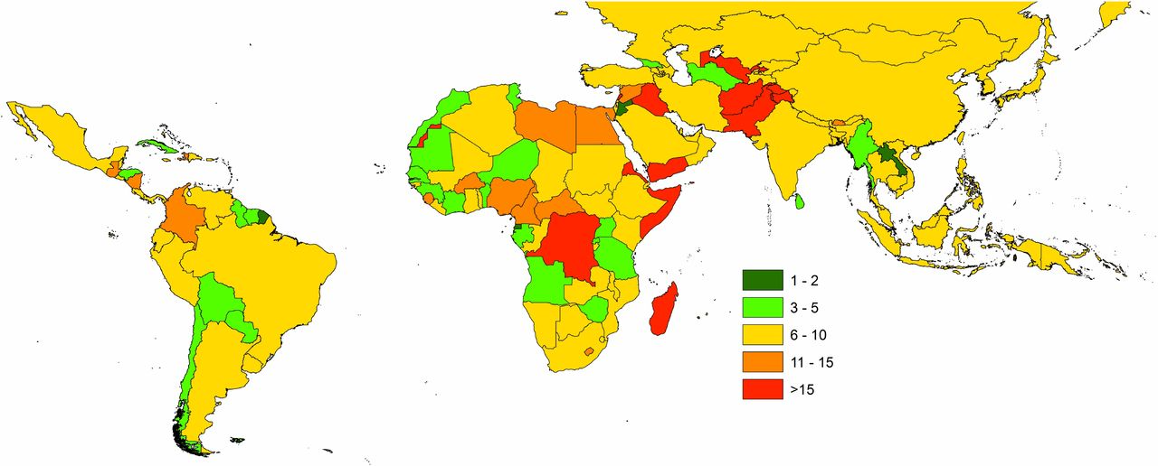 At the beginning of 2017, the number of years since the last national census in countries across Latin America, Africa, and Asia. [Wardrop et al, 2018](https://www.pnas.org/content/115/14/3529).