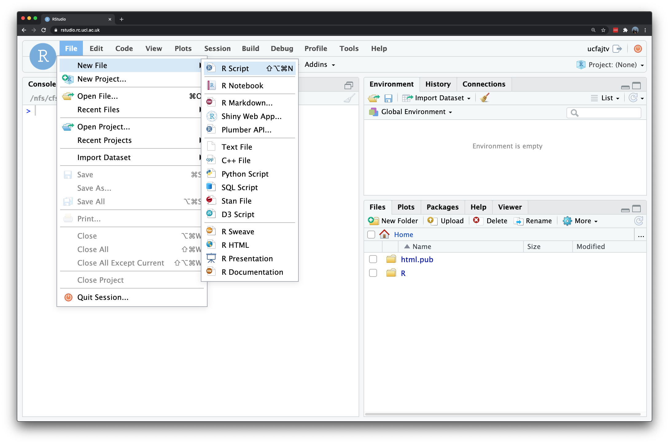 Opening a new script in RStudio.