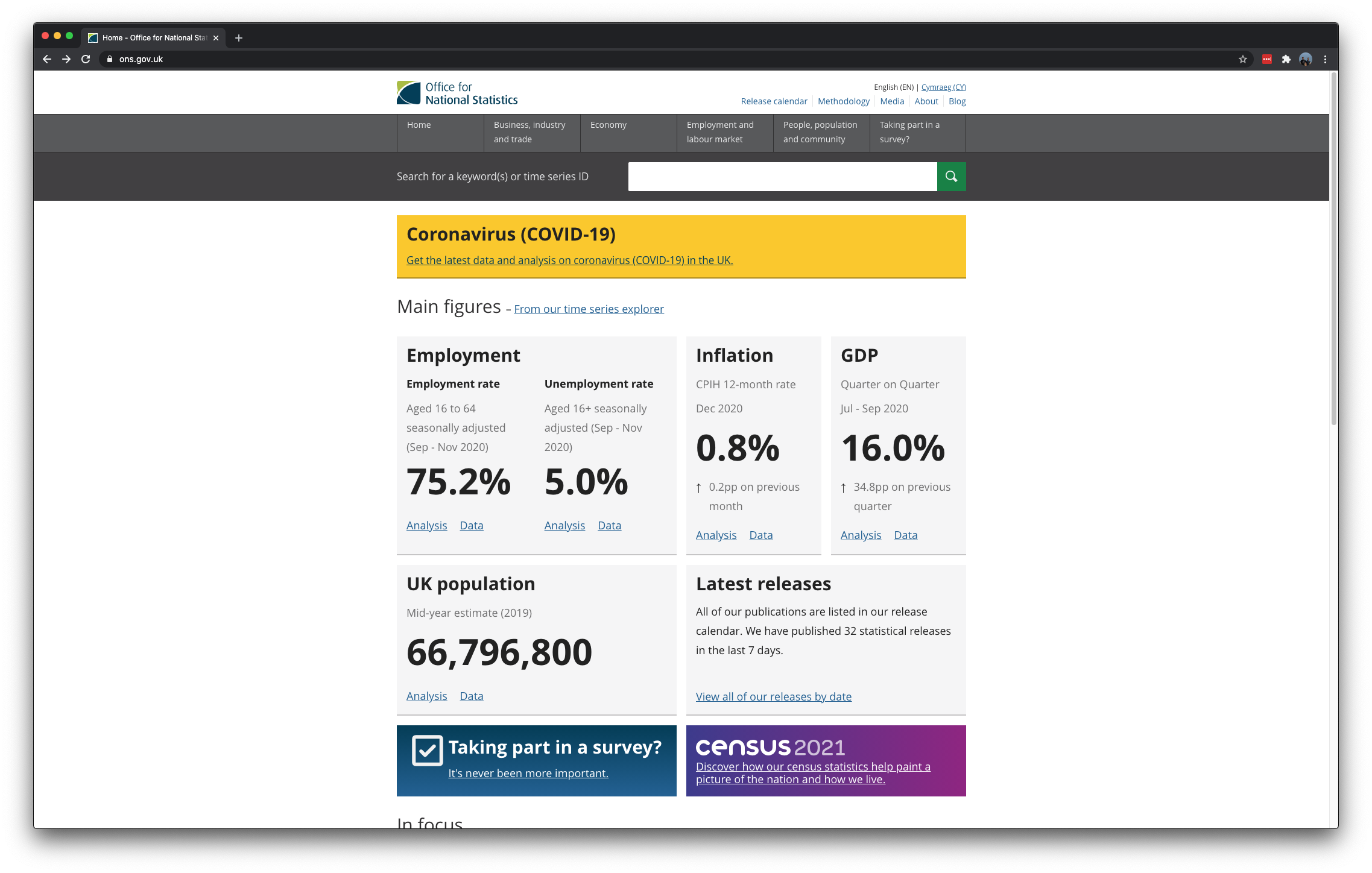 The website of the Office for National Statistics.